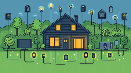 Smart home with connected devices at night