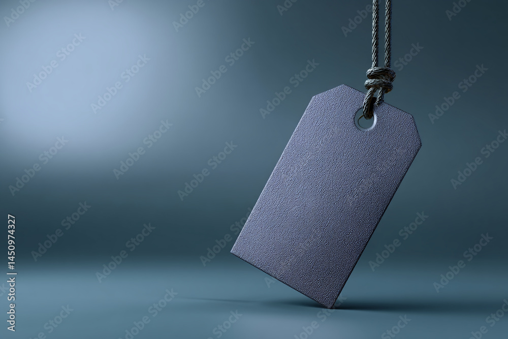 Aufkleber dark gray textured tag hangs from a rope, against a gradient blue background, showcasing blank space