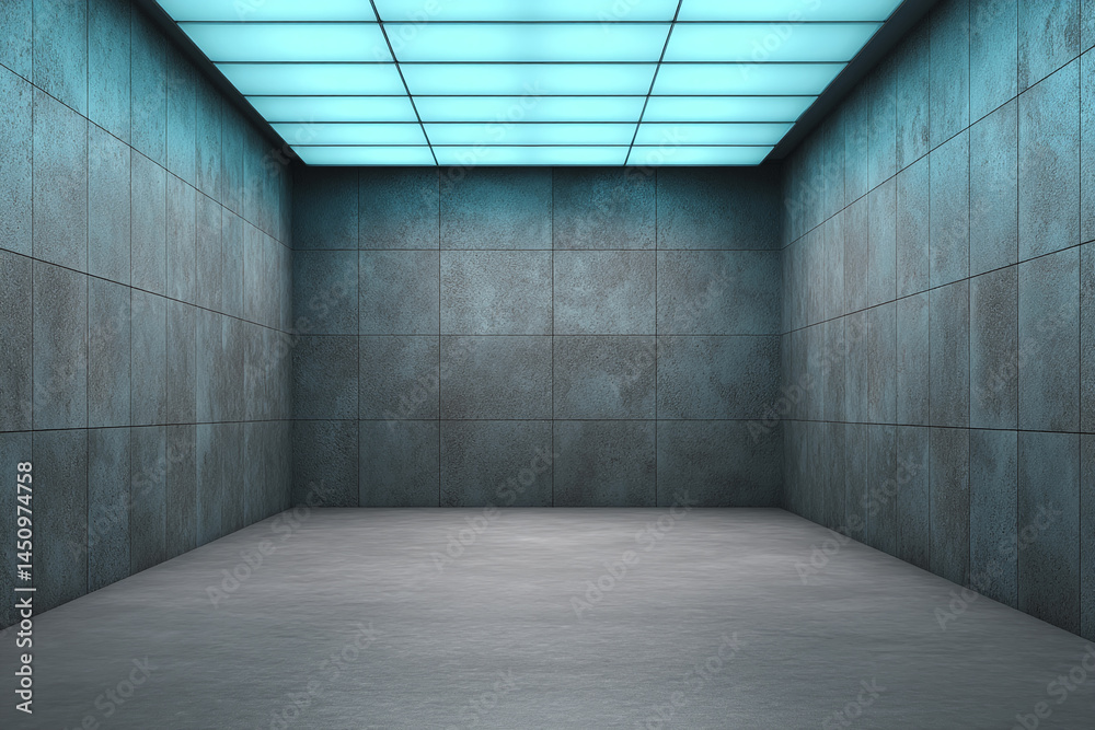Poster empty room with tiled walls and illuminated ceiling, showcasing ample free space ideal for product d