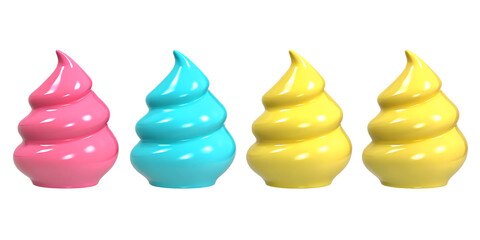 Set bundle of dessert flavor cue ingredients transparent PNG isolated background. Pink, blue, green, yellow bubblegum taste flavors, colorful vibrant presentation visual for candy, ice cream, product