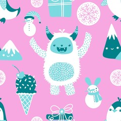 Winter monsters seamless Christmas yeti pattern for wrapping paper and fabrics