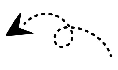 Black hand drawn curved arrow with dotted path and loop, pointing left isolated on transparent background. Ideal for presentations, infographics, and creative layouts. Vector art.