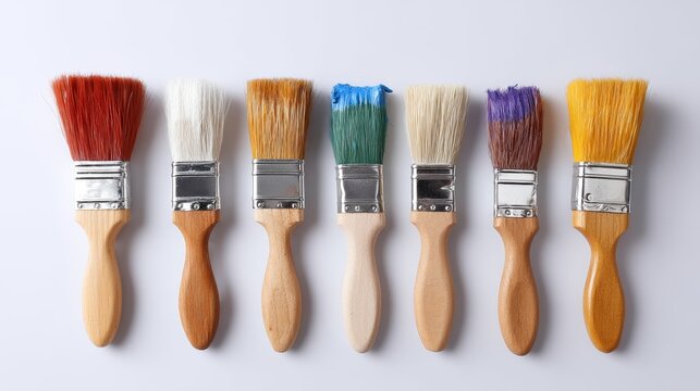 Close-up of colorful stained paintbrushes scattered across artist canvas with vibrant paint splashes