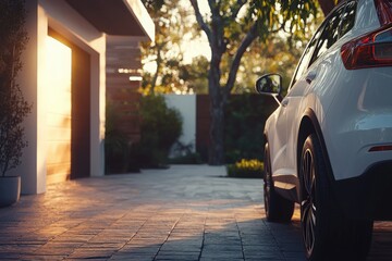 A white car is parked on a modern driveway surrounded by greenery. The sun sets in the background, casting warm light that enhances the tranquil atmosphere of the residential area.