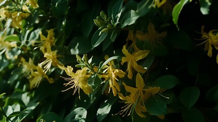 Fototapeta premium Lush Yellow Flowers Blooming in Dark Green Foliage