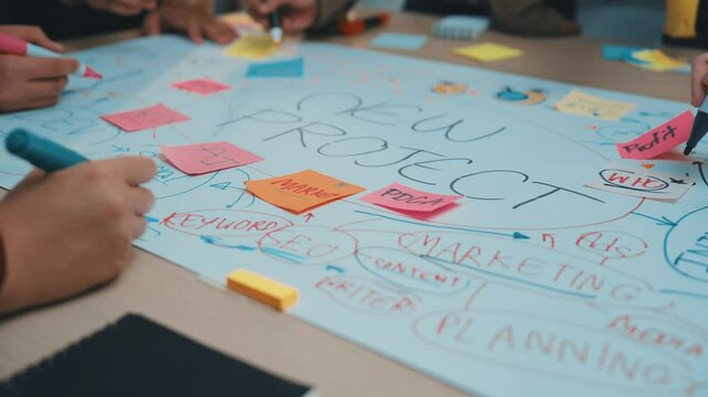 Dynamic scene of a collaborative workshop focused on planning a new project, featuring diverse individuals brainstorming with colorful sticky notes and markers on a table. SACTR
