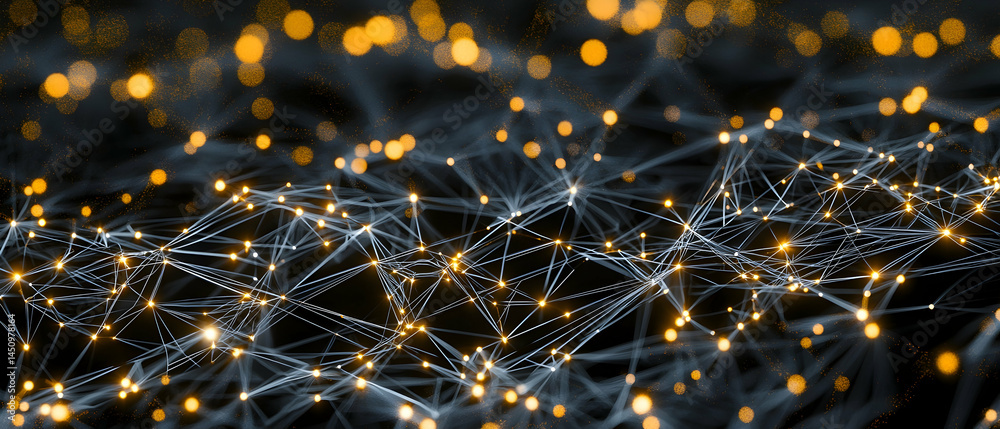 Poster abstract network pattern with glowing lines and points on black background