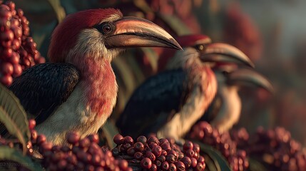 Naklejka premium Vibrant Birds Amidst Berries A Stunning Wildlife Scene with Detailed Feathers and Natures Pal