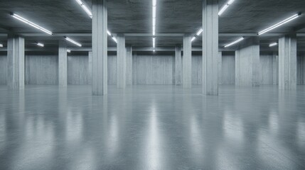 Empty concrete industrial interior with pillars and lighting