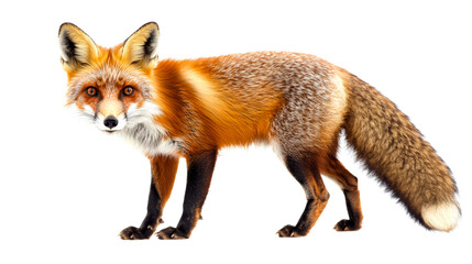 Fototapeta premium Alert red fox stands attentively, cut out transparent