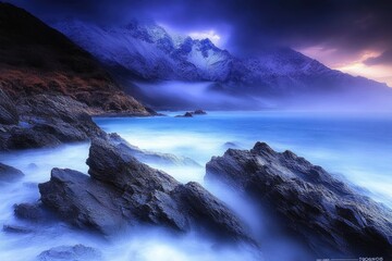 Obraz premium Misty mountain coastline bathed in vibrant hues of blue and purple. Dramatic rocky shore with waves