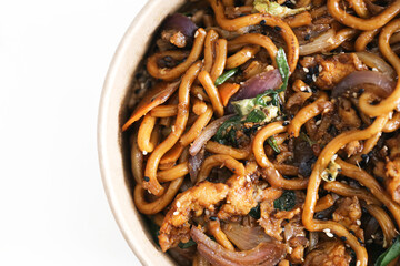 Stir fried noodles bowl. Asian street food. Tasty udon dish. Delicious lunch idea. Spicy pork...