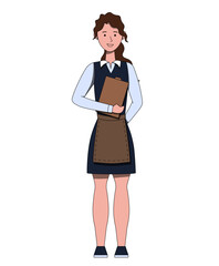 Female Waitress Character in Uniform Holding Clipboard Vector Illustration