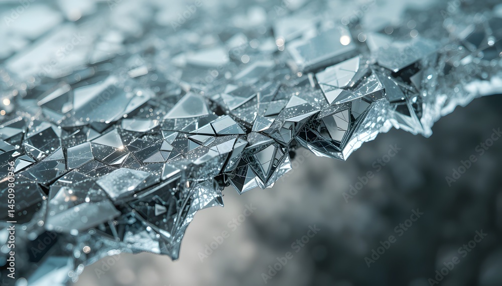 Aufkleber Shattered Glass Edge Magnified Showing Splintered Texture. Detailed Close Up View Shows Damage Vulnerability. Material Science Concept. Sharpness Is Visible, With Broken Surface, Showing Fragility And