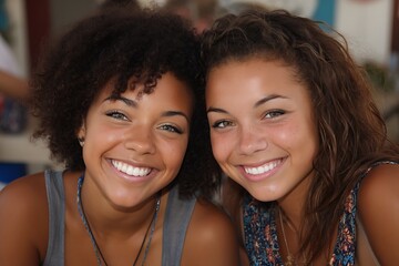 Shot of two smiling teenage girls joyfully  
