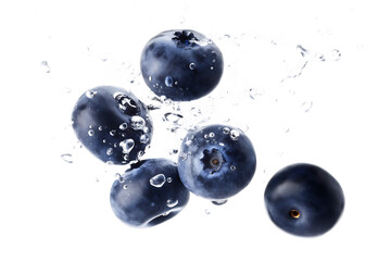 Blueberries splashing in water isolated on white background.PNG