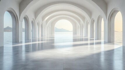 Fototapeta premium Architectural Elegance A Serene Walkway with Arched Openings Overlooking a Calm Water Body and
