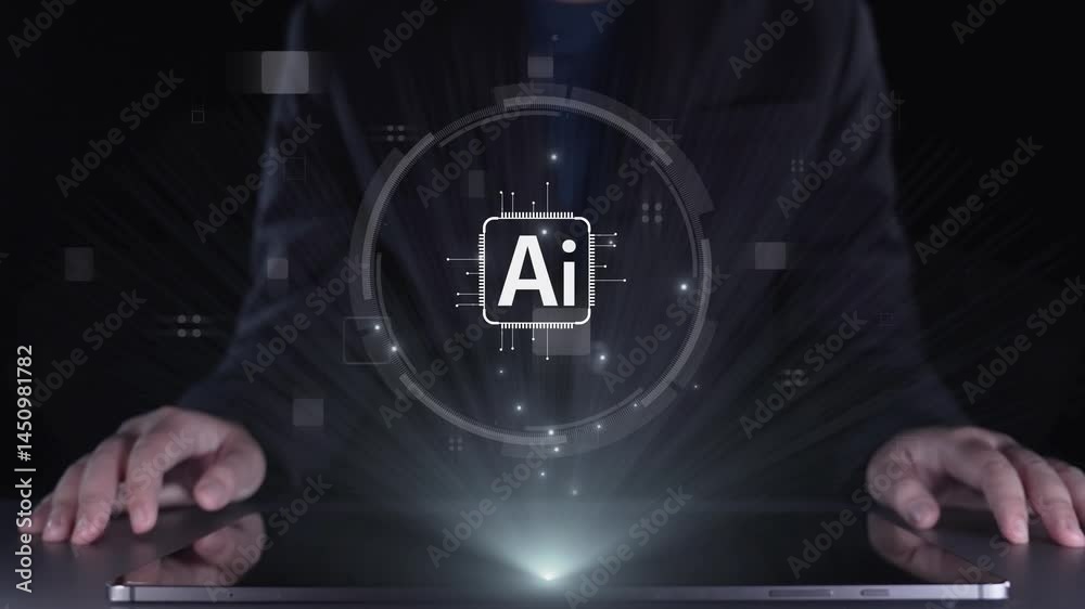 Poster human interact with ai artificial intelligence brain processor in concept of ai artificial intellige