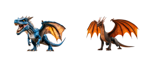 Two fantasy dragon creatures with wings. cut out transparent