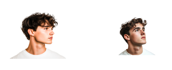 Handsome Caucasian guy portraits: Looking up, looking to side. cut out transparent