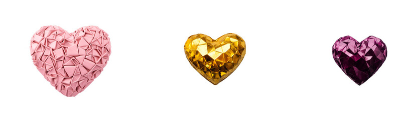 Three polygonal hearts, pink, gold, purple gems on black. cut out transparent