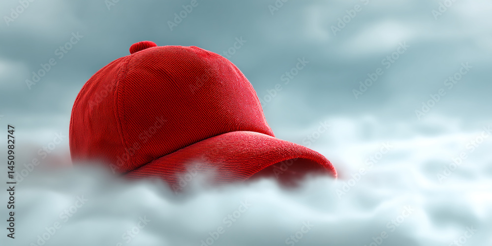 Poster Red corduroy baseball cap partially submerged in clouds, showcasing texture and creating a dramatic, mysterious mood