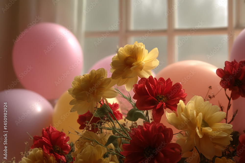 Poster close-up of yellow and red flowers arranged before a window with pink balloons, creating a cheerful 