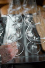 Clean wine glasses are on the table of a special wine cabinet, stylish table setting, ice, bottle...