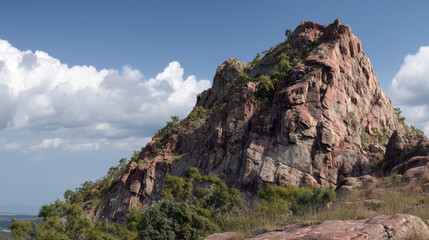 Naklejka premium A majestic rocky mountain peak, partially covered with sparse vegetation, rises under a blue sky dotted with fluffy white clouds on a bright summer day scene.
