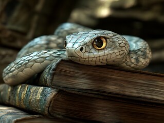 Obraz premium Serpentine scholar rests on aged tomes