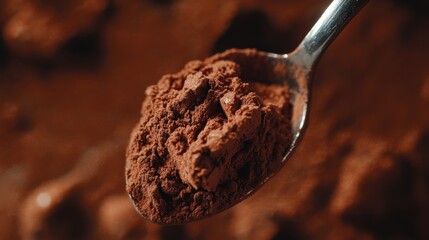 Measuring Spoon Filled with Chocolate Protein Powder