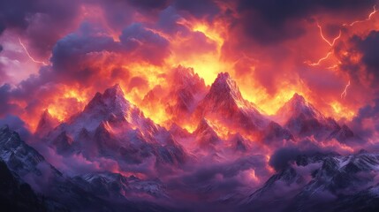 Fototapeta premium Epic Mountain Range Illuminated by Fiery Sky and Lightning Natures Spectacular Display of Pow