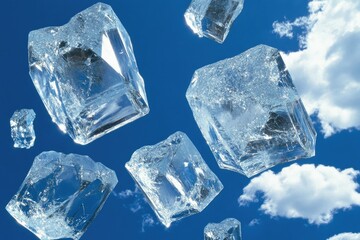 Obraz premium Clear ice cubes suspended in the sky, against a bright blue backdrop with white clouds