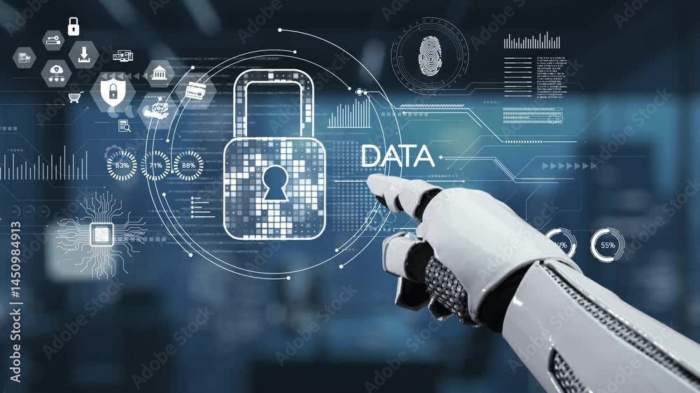 Poster a robotic hand interacts with a digital lock and data security elements in a high-tech setting, symb