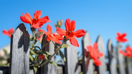 Vibrant Red Flowers Blooming by Wooden Fence