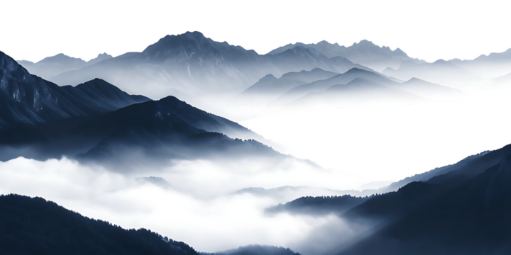 Dark mountains with foggy valley isolated on white or transparent background