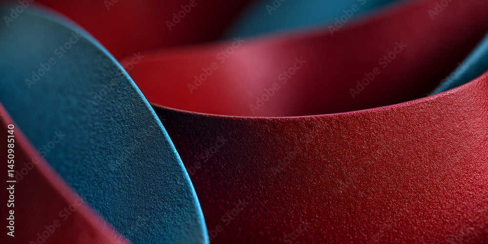 Poster close-up of textured red and blue surfaces, creating abstract, flowing forms. represents depth, desi