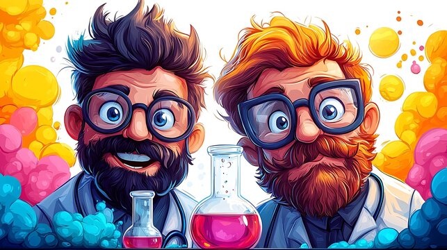 Two quirky scientists with beakers