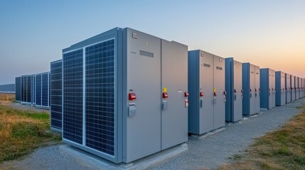 Solar panels and battery storage at twilight