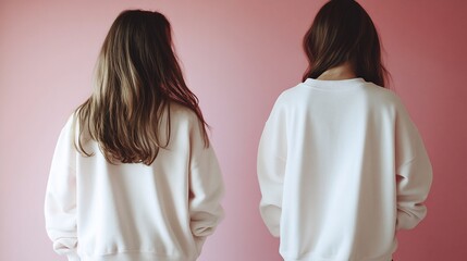 Two girls with long hair wearing matching sweatshirts against a pink wall