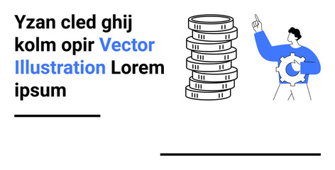 Person pointing at stacked coins symbolizing financial growth. Blue gear represents optimization. Ideal for finance, savings, strategy, investment, business, planning, simple landing page
