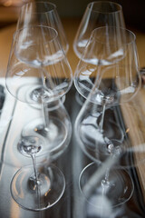 Clean wine glasses are on the table of a special wine cabinet, stylish table setting, ice, bottle...