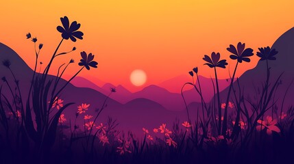 Obraz premium Silhouettes of wildflowers at sunset over a purple mountain range.