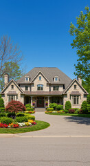 Luxurious Stone Estate: Stunning Curb Appeal, Manicured Gardens & Elegant Design. Explore Dream Home Living!