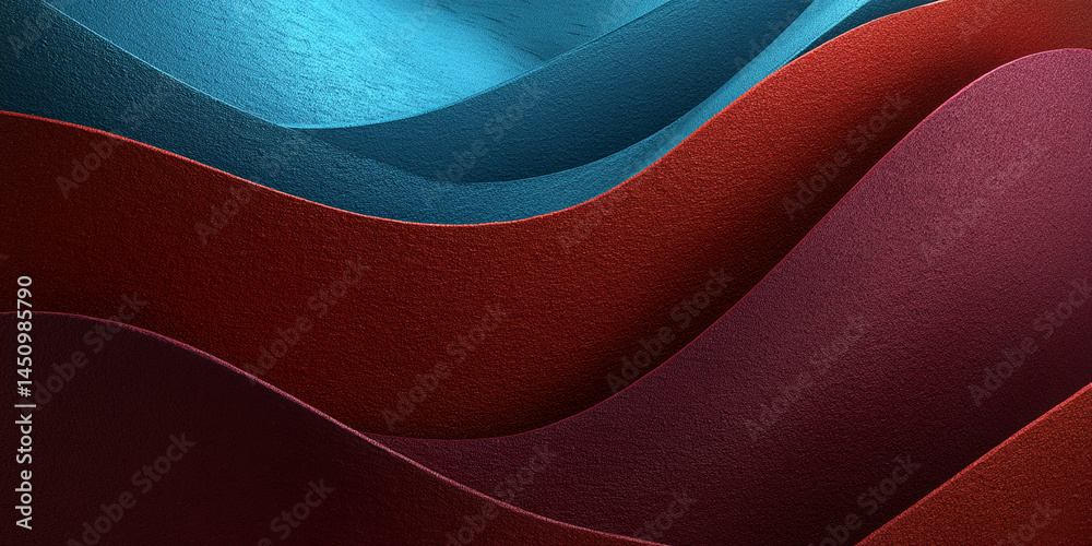 Poster Abstract image of textured, wavy layers in teal, red, and maroon hues creating a dynamic, elegant design suitable for various applications like website backgrounds or presentation slides
