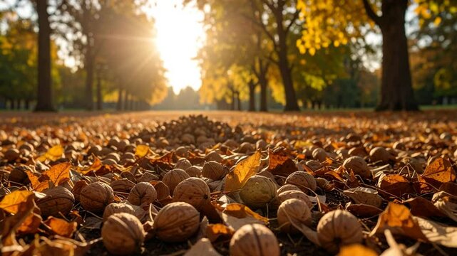 Ground Covered with Walnuts and Autumn Leaves in Park Sunlight