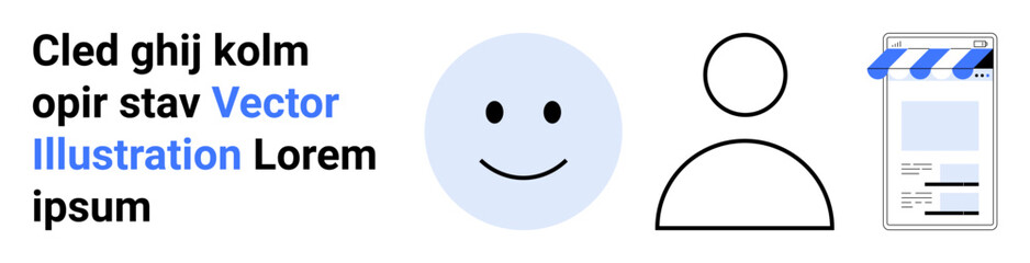 Fototapeta premium Blue smiling face, simple user outline, and e-commerce storefront mockup. Ideal for branding, user interface, profiles, online shopping, digital marketing, customer service simple landing page