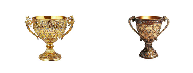 Ornate chalice award. Ceremonial gold cup treasure, cut out transparent
