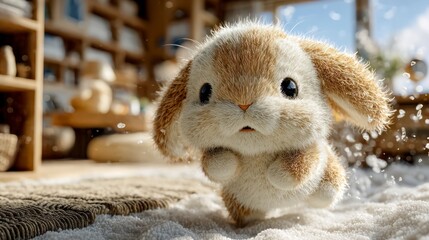 Adorable Fluffy Bunny Toy on Soft Rug Perfect for Cozy Home Decor and Childrens Playtime