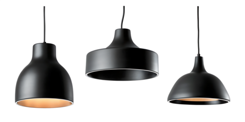 set of modern black hanging lamps isolated on white or transparent PNG